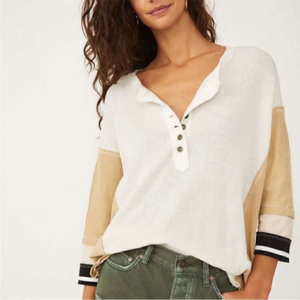 We The Free Colorblock Henley Tunic in Ivory and Tan with Black Trim